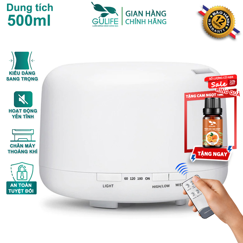 Máy Khuếch Tán Tinh Dầu Tạo Độ Ẩm Trụ Tròn 550ml Hình Trụ 7 Màu Có Remote - GULIFE MKT23