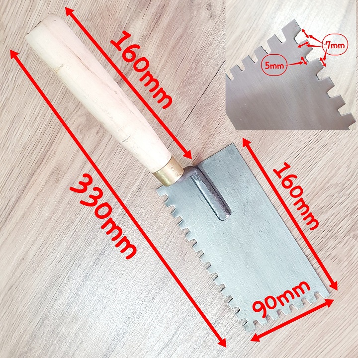 Bay Xây Vuông Lưỡi Thép 9x165cm Rãnh Răng Cưa Vuông 2 Cạnh 7x7x5mm Cán Gỗ Dụng Cụ Cầm Tay Thiết Yếu Cho Ốp Lát Gạch
