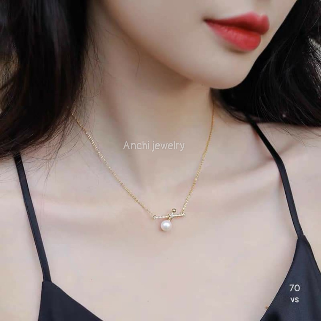 Dây chuyền nữ mặt hạt ngọc trai liền vàng tây dài 45cm đẹp tinh tế Vàng bạc an chi bảo hành chất lượng có hóa đơn tiệm