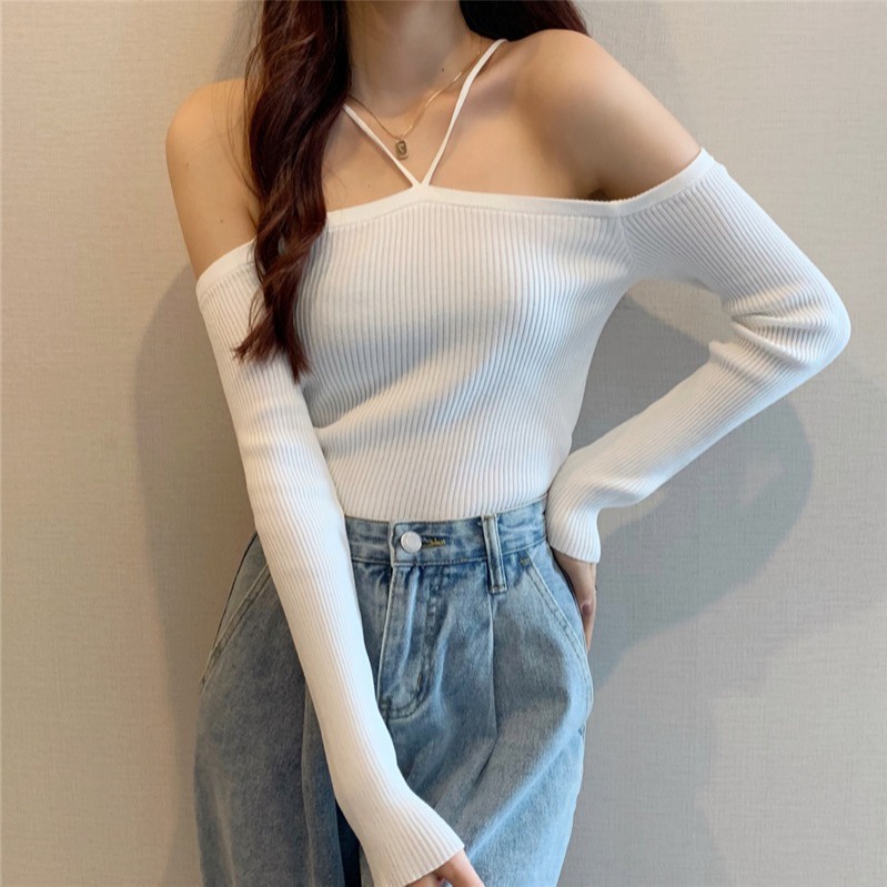 Áo thun dài tay croptop cổ yếm hở vai sexy