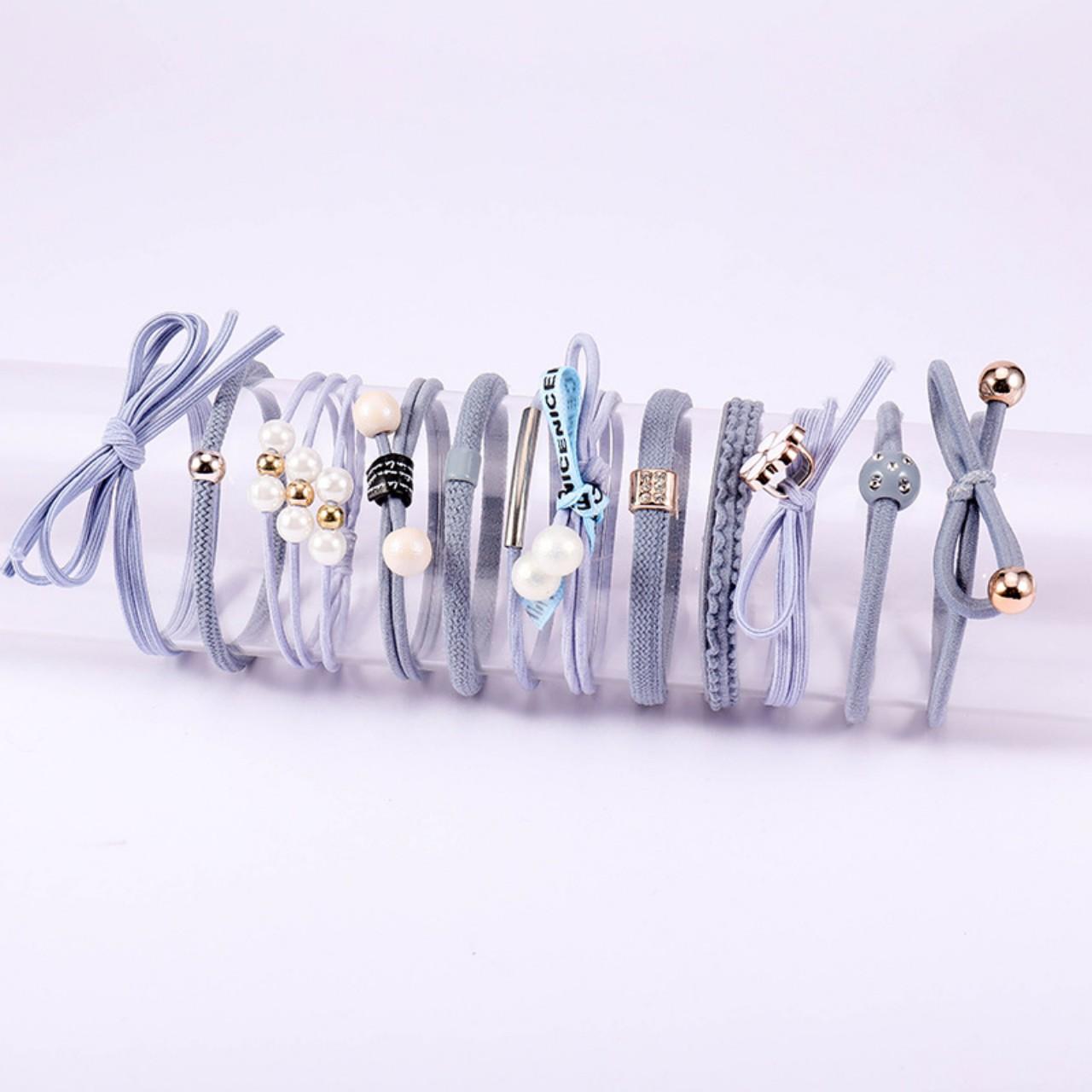 Bộ dây thun cột tóc Hàn Quốc 12 họa tiết ( Xanh nhạt - Gồm Hộp)