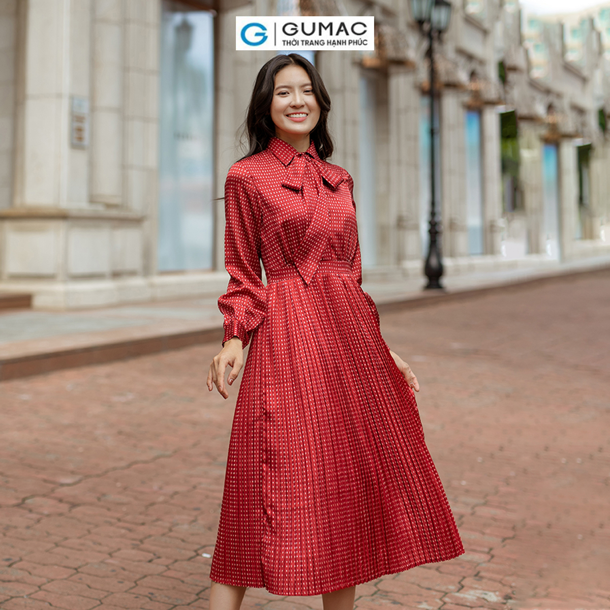Đầm dập ly buộc nơ thời trang gumac dd06042
