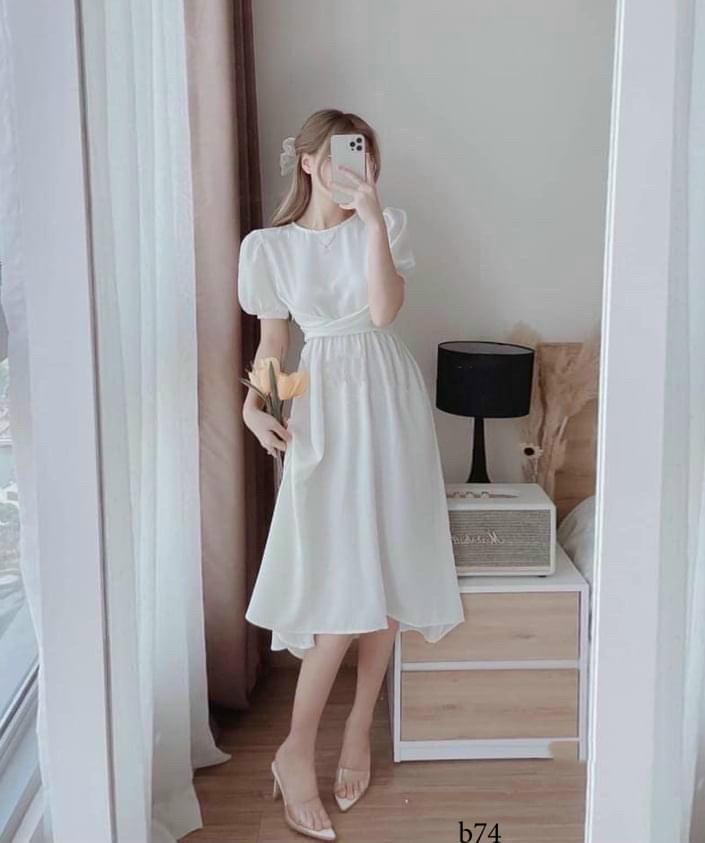 Đầm Xòe Nhúm Eo Nơ Sau Siêu Xinh
