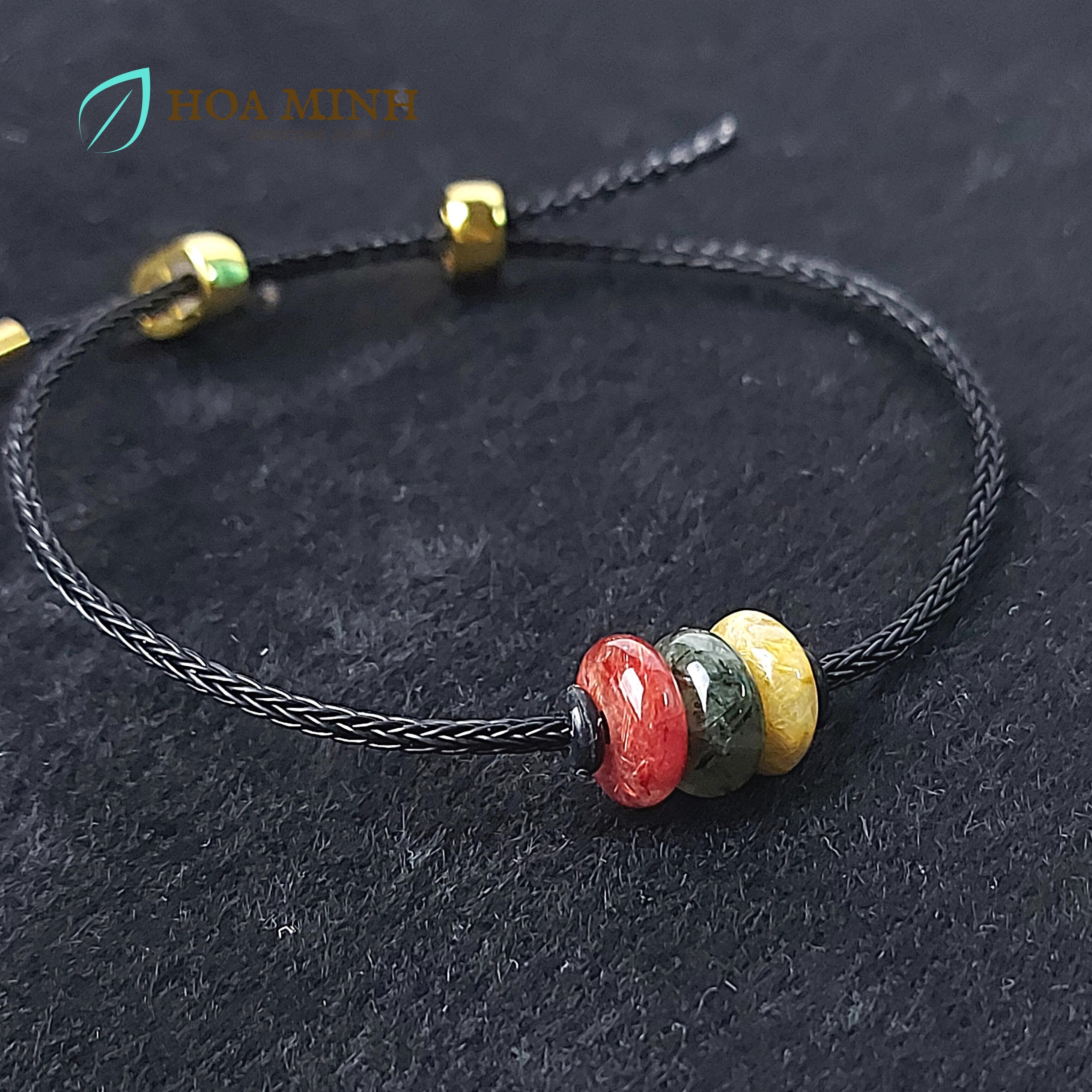 Vòng tay dây cáp đồng điếu thạch anh tóc tam tài vip size 9, 10 li phúc lộc thọ | hoa minh gem