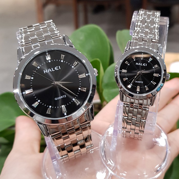 Đồng hồ cặp đôi nam nữ Halei mặt đen