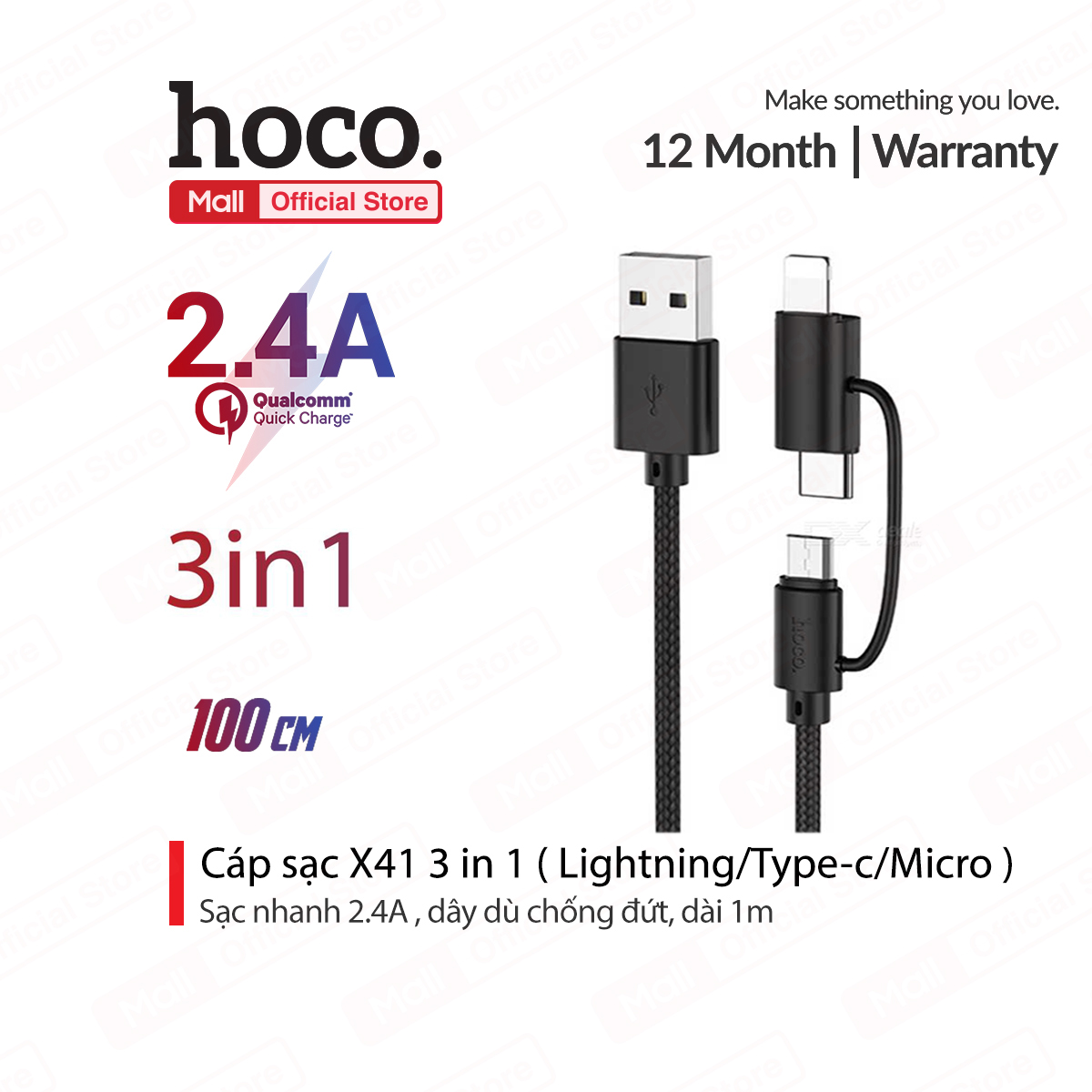 Cáp sạc hoco x41 3 in1 sạc nhanh 2.4a dây dù chống đứt dài 1m