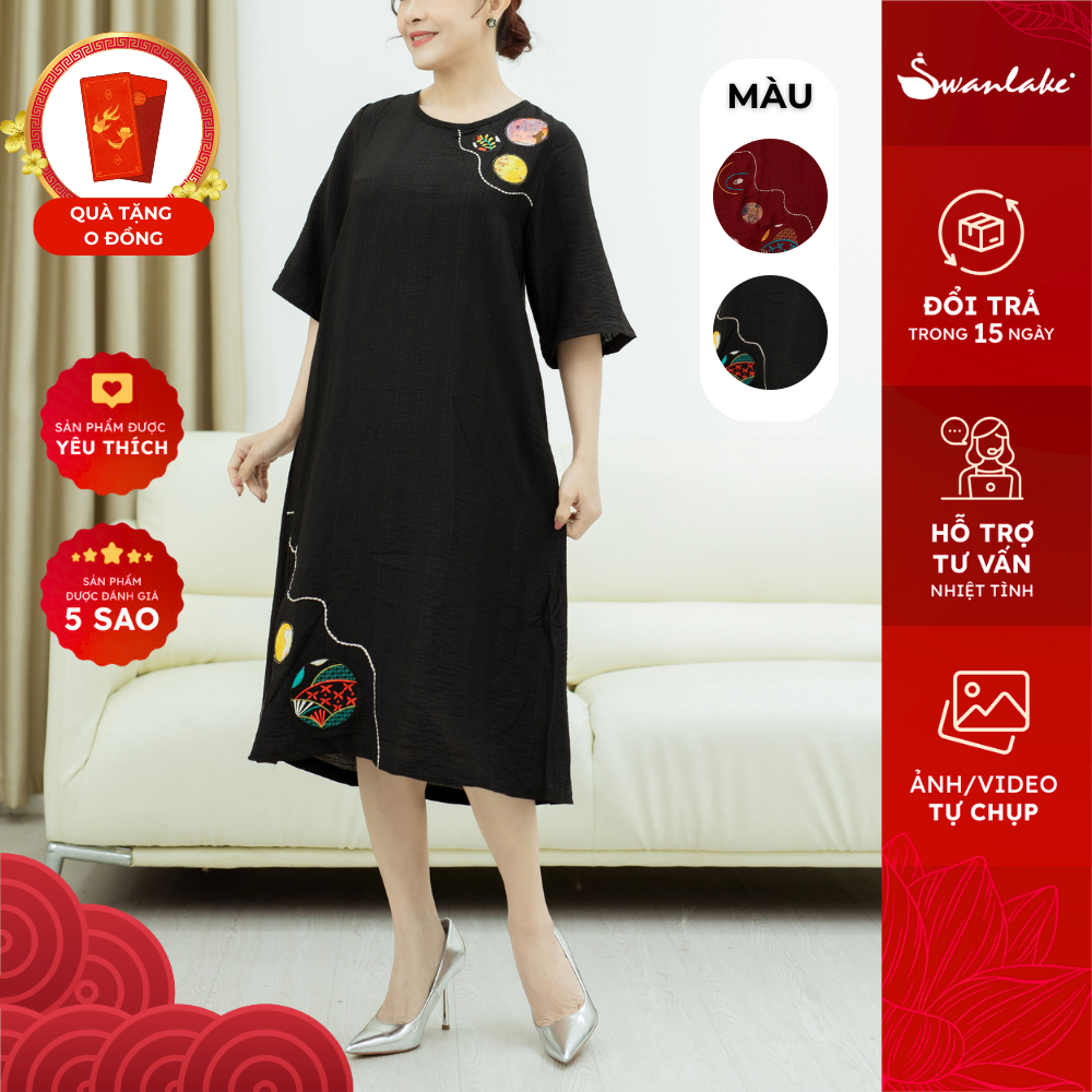 SWANLAKE | Đầm Phom A Thêu Đắp Vải Lụa Hàn - D10450LW01