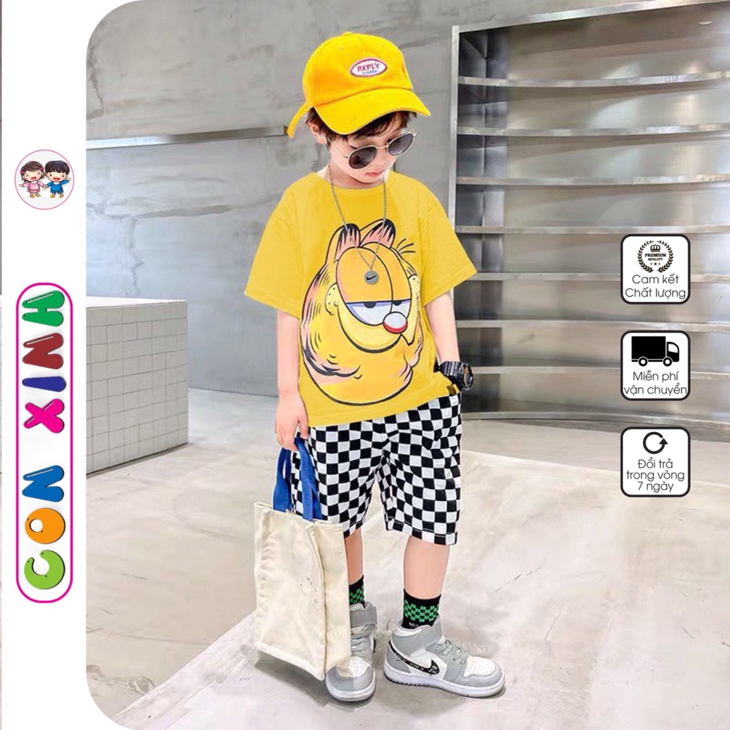 Đồ bộ bé trai Con Xinh cotton hình in Mèo to phối quần caro quần áo dành cho trẻ em từ 14 đến 45kg