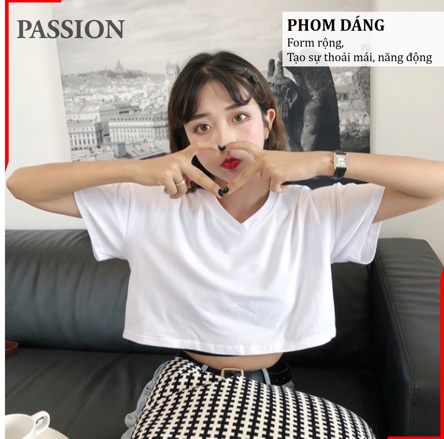 Áo thun croptop form rộng cổ tim PASSION kiểu dáng Ulzzang form rộng, croptop form rộng cổ chữ V