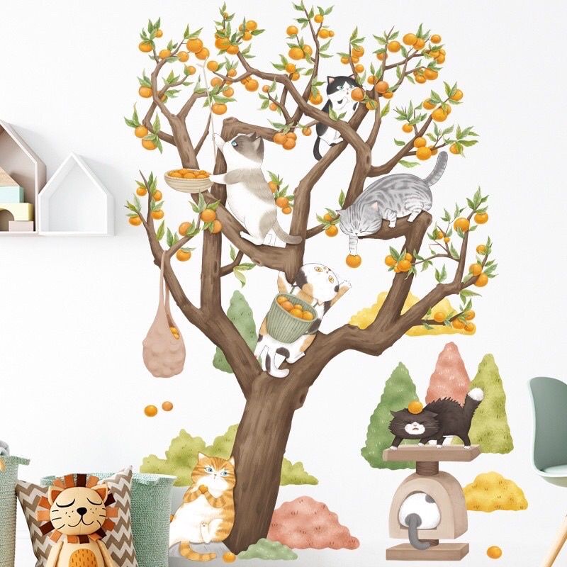 Decal dán tường sẵn keo, mèo hái quả