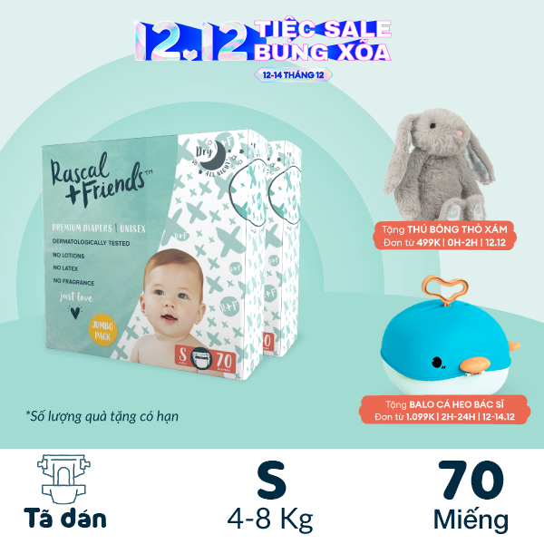 Combo 2 gói Tã/Bỉm dán Rascal & Friends cho bé 4kg-8kg- Size S 70 miếng