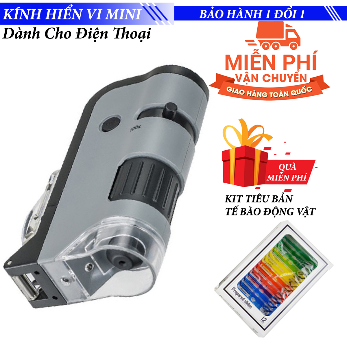 Kính hiển vi Mini Carson MicroFlip MP-250 cho điện thoại chụp siêu zoom - Có hỗ trợ tia UV và Đèn LED Sử dụng pin AA - Tặng Bộ KIT 12 Tiêu bản Tế bào động vật