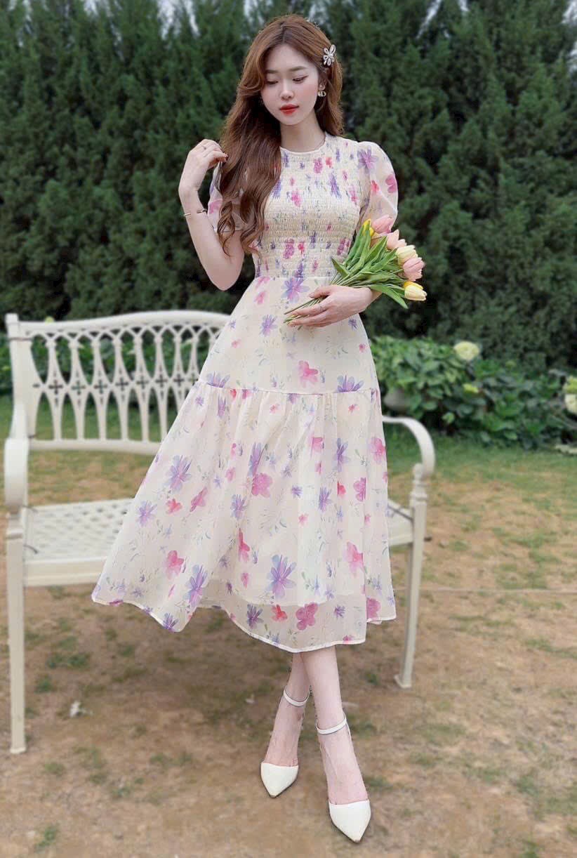 Đầm xòe voan hoa mocking tay phồng cổ tròn