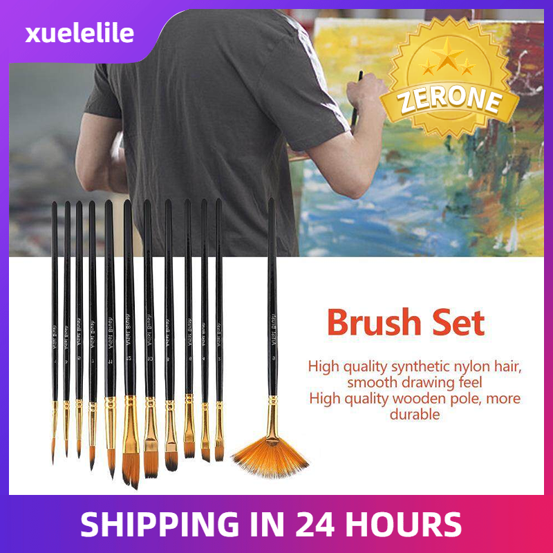 12pcs Black Wooden Pole Nylon Hair Paint Brush Set Art Craft Painting Watercolor Brush Kit