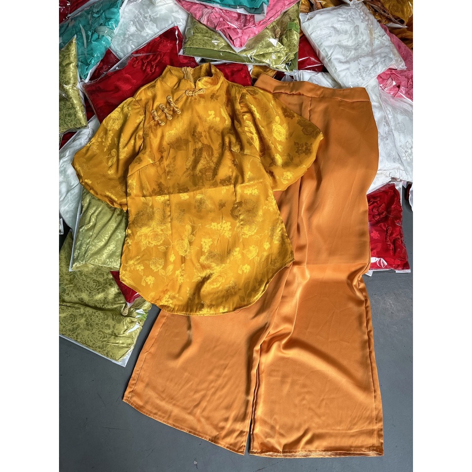 Set lam nút tàu tay phồng gấm satin quần suông quần có túi