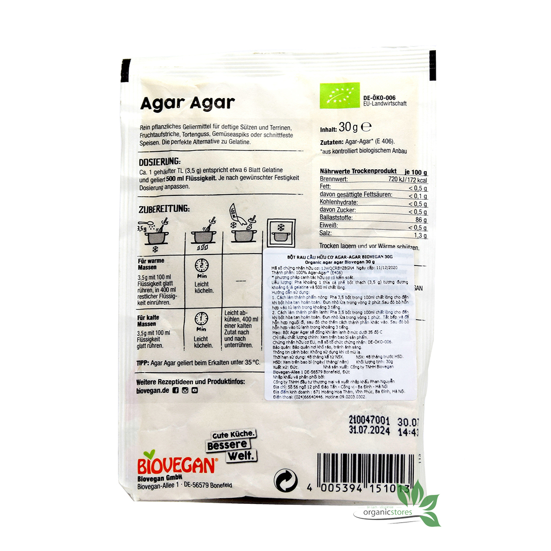 Bột rau câu hữu cơ Agar - Agar Biovegan