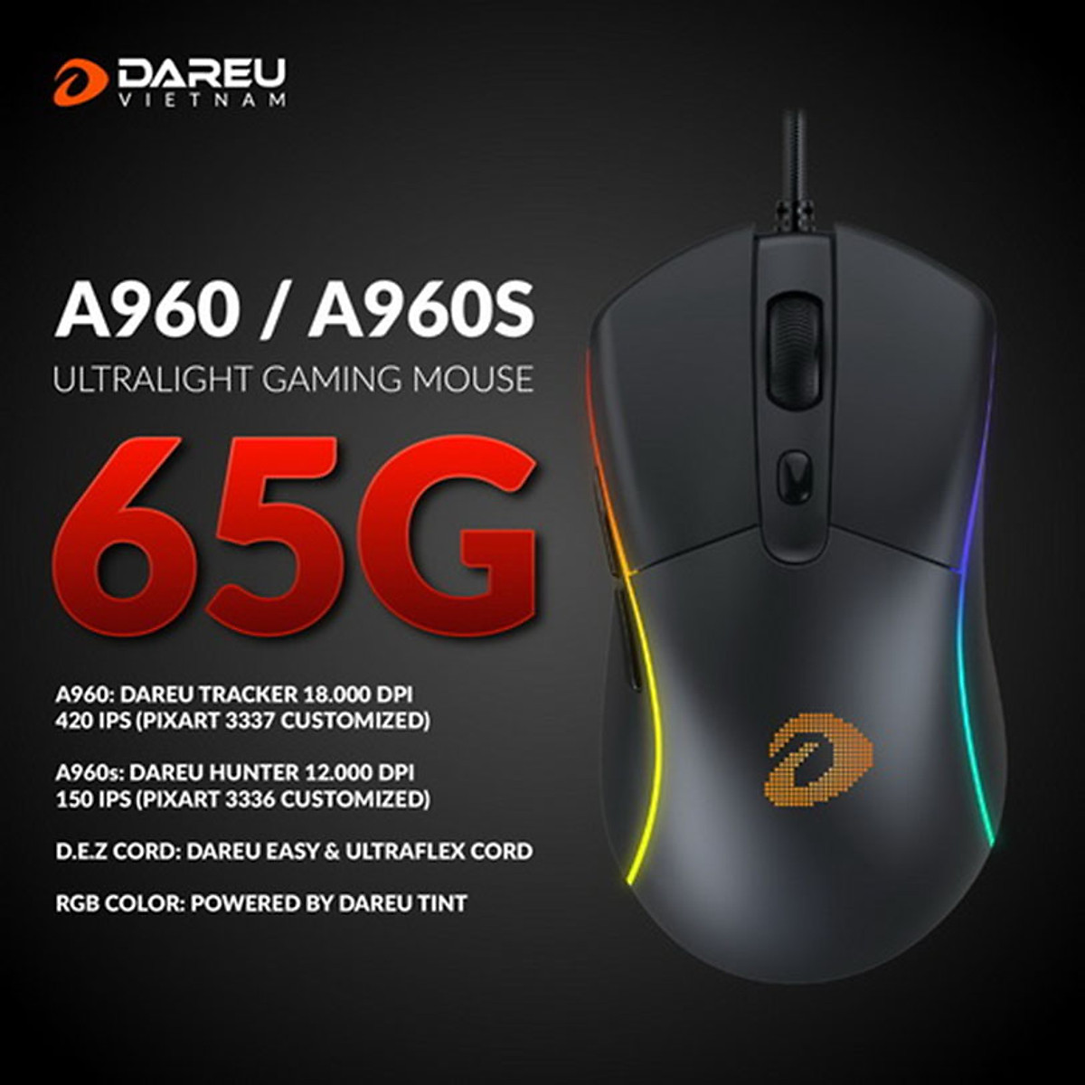 CHUỘT GAMING DAREU A960S LED RGB SIÊU NHẸ
