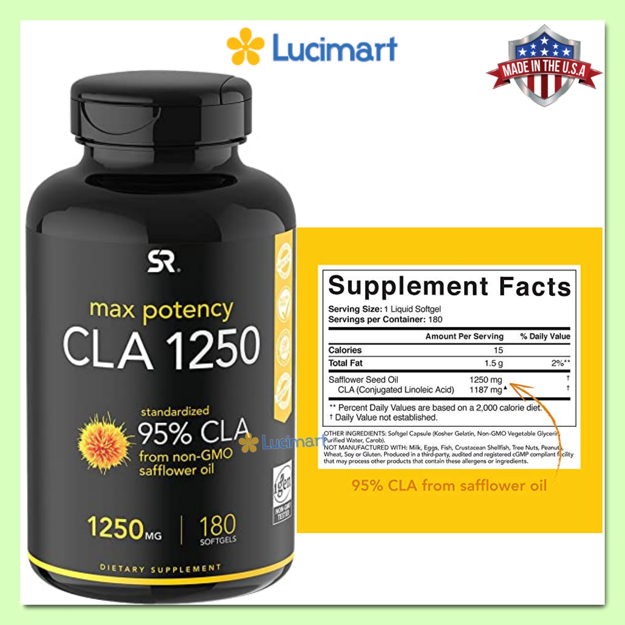 Viên uống giảm cân CLA 1250 Max Potency 1250mg Sports Research [Hàng Mỹ