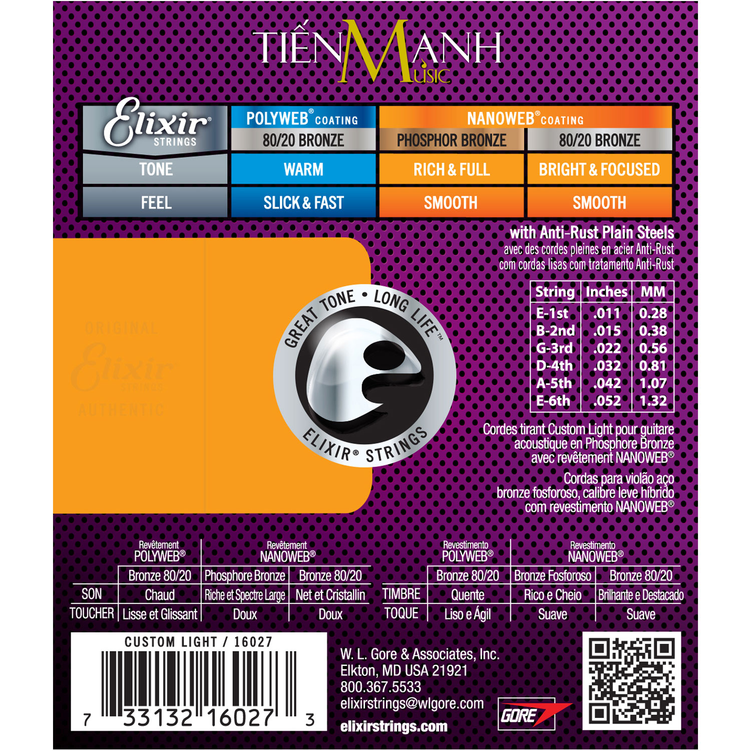 Elixir 16027 - Dây Đàn Acoustic Guitar Cỡ 11 (.011-.052) Phosphor Bronze Strings Custom Light - Hãng phân phối chính thức