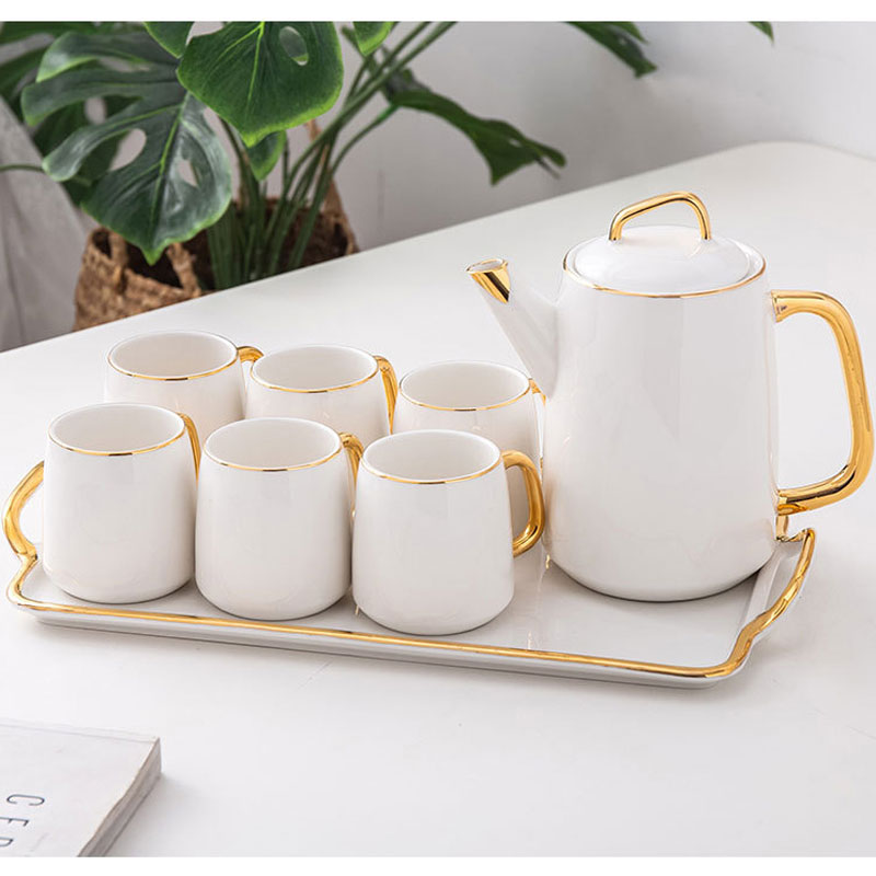 Bộ bình cốc sứ kèm khay Cao cấp màu trắng.