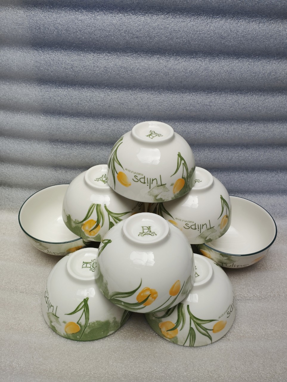 Combo 10 chén, 5 chén sứ hoa văn tulip xanh gl151, chén cơm trắng 11cm, chén chấm trắng 8.5cm