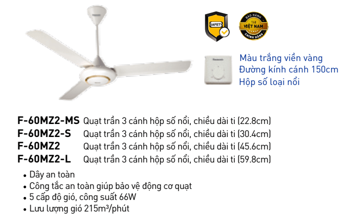 Quạt trần 3 cánh Panasonic F-60MZ2 - Chính Hãng