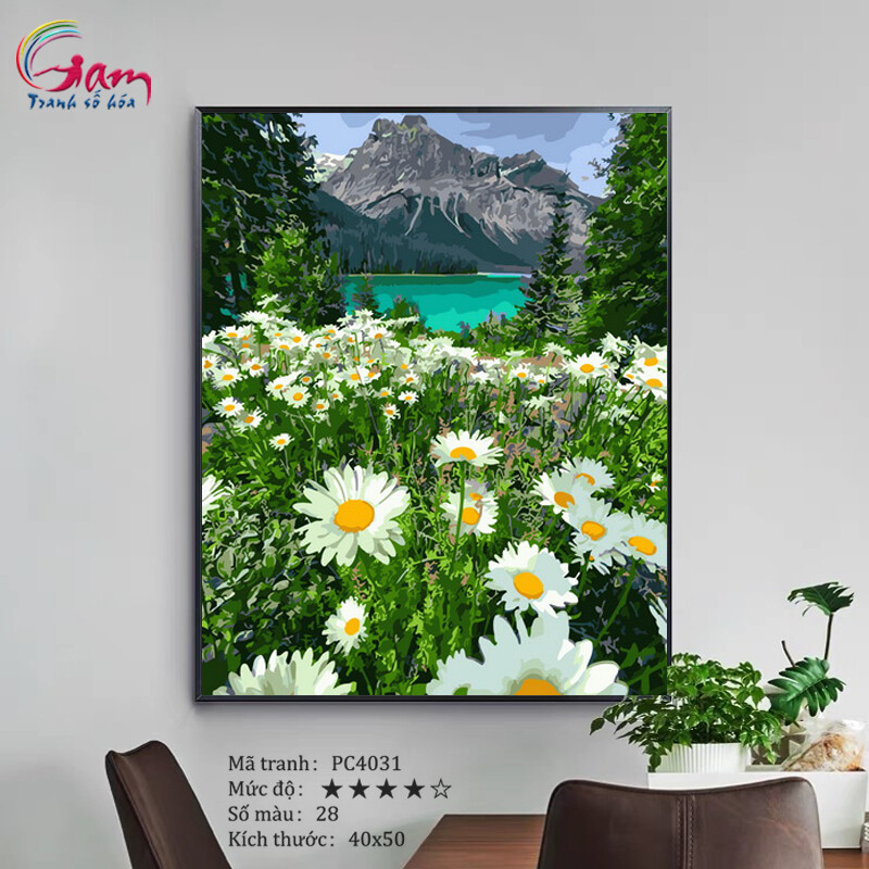 Tranh tô màu theo số phong cảnh đồng hoa cúc trắng PC4031 40x50cm đã căng khung