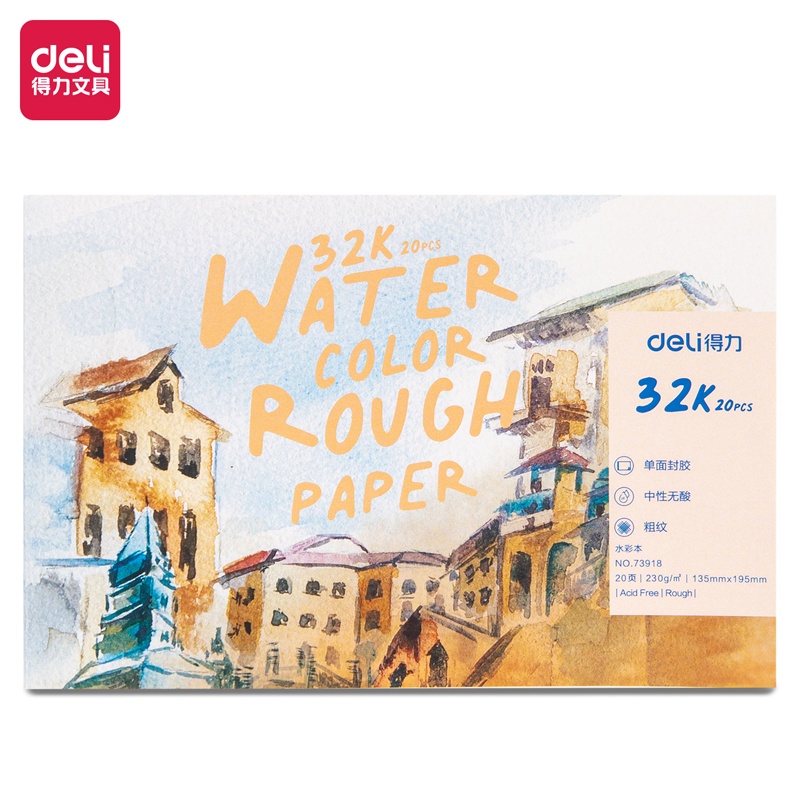 Giấy vẽ màu nước 230/180/160 gsm 20 tờ khổ 8K/16K/ 32K chuyên dụng Deli Gouache water color paper- 73615 / 73617 / 73917/ 73918/ 73920