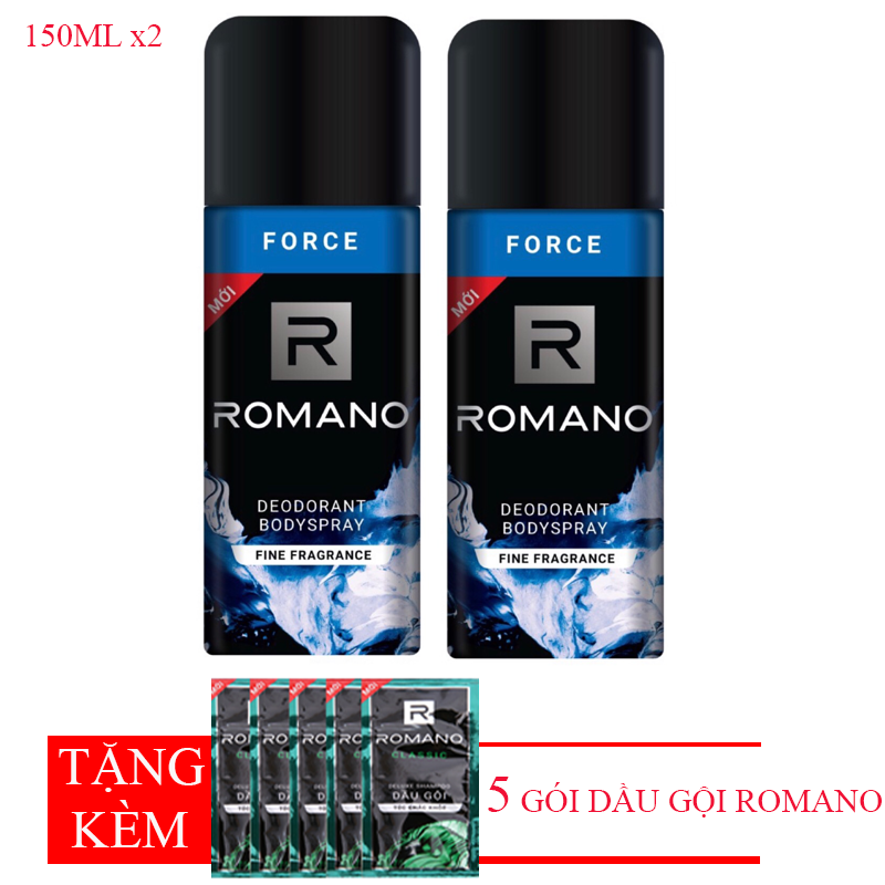 Combo 2 chai xịt khử mùi toàn thân cho nam Romano Force+Tặng kèm 5 gói dầu gội nhập khẩu