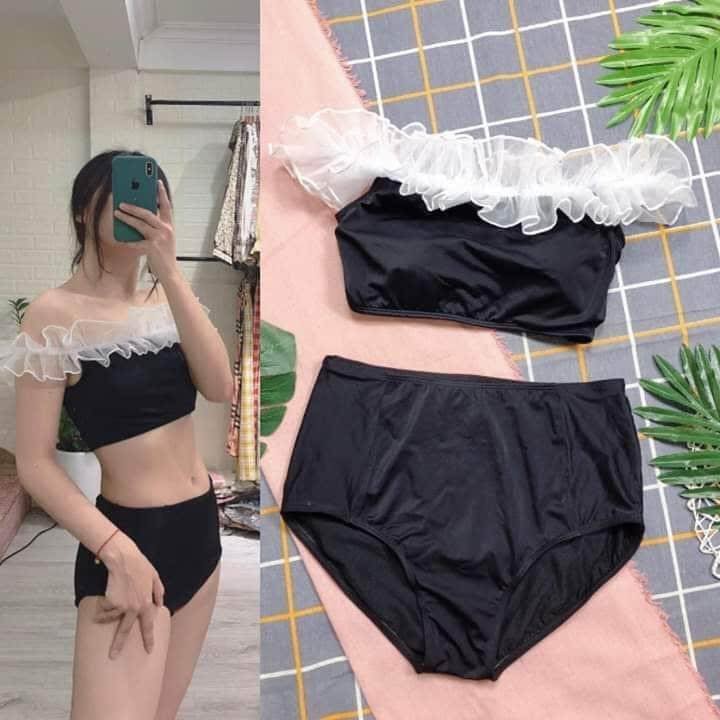 [HCM]Bikini 2 mảnh phối lưới trắng trễ vai (màu đen) EVA 2MCC