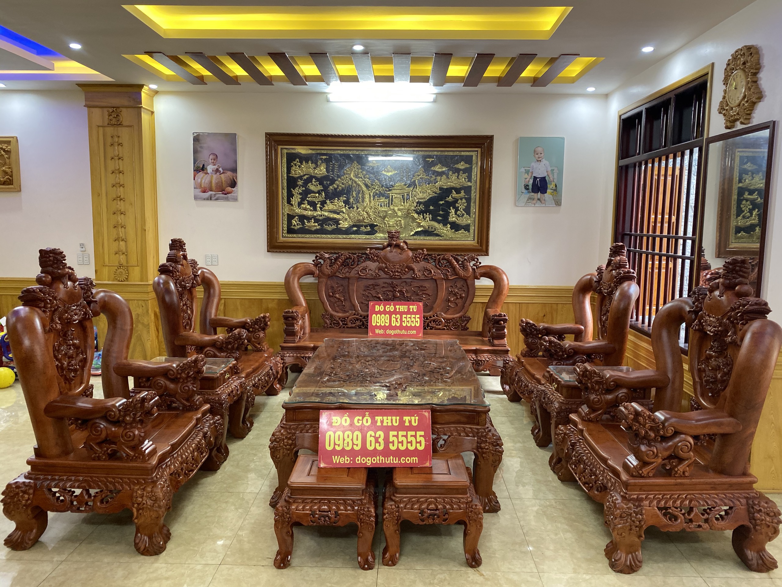 Bộ Bàn Ghế Nghê Bảo Đỉnh Gỗ Hương Đá Tay 16 Gôm 10 Món