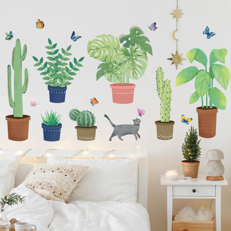 Decal dán tường chậu cây và mèo con