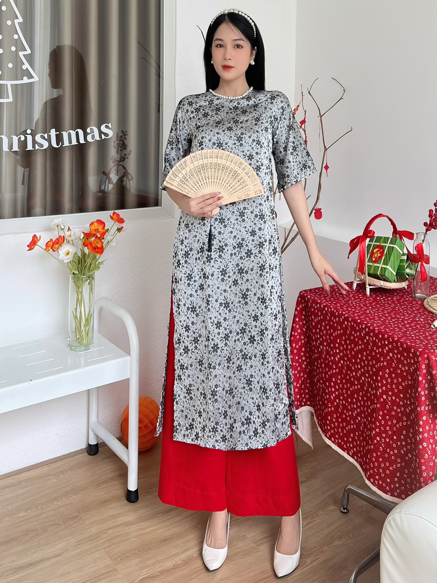 Áo dài gấm cách tân cô hai duyên dáng AD036
