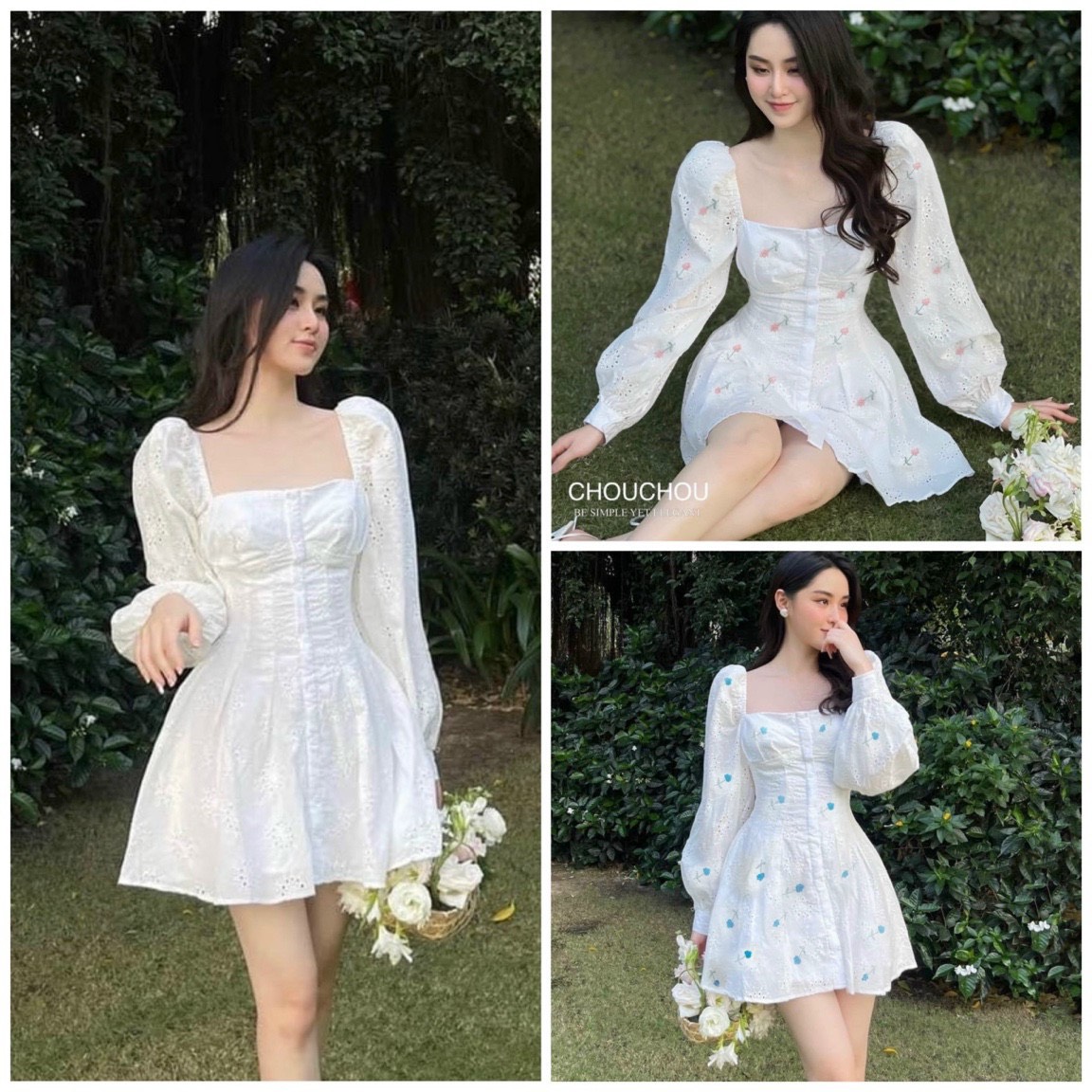 Đầm thêu hoa cổ vuông💖 KÈM ẢNH THẬT