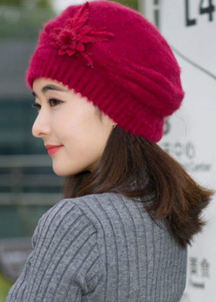 Mũ len nón len xếp ly đính hoa A021