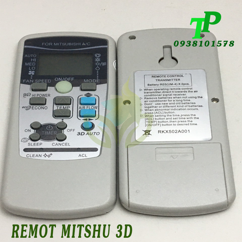 Điều Khiển, Remote Máy Lạnh Điều Hòa Mitsubishi 3D (Tặng Kèm Pin)