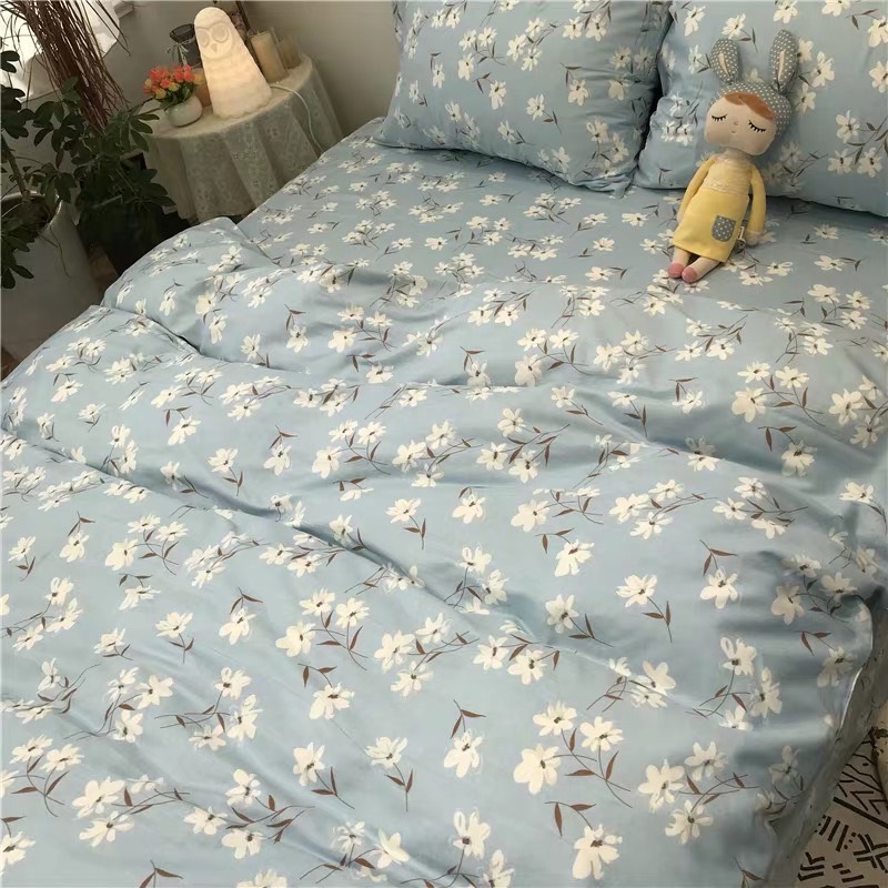 Bộ chăn ga gối phong cách Hàn Quốc hoa xanh trang nhã bo chun đủ kích thước