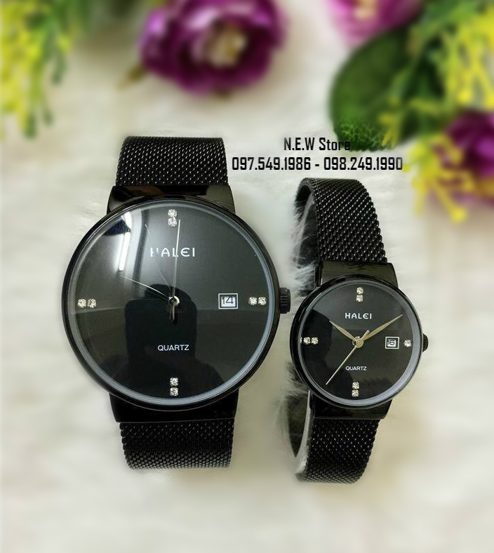 Đồng hồ cặp đôi nam, nữ dây thép lụa Halei Full Black