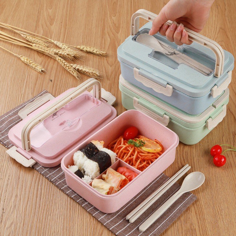 Hộp cơm lúa mạch 3 ngăn kèm bộ đũa thìa inox, hộp cơm văn phòng tiện dụng
