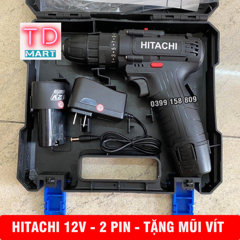 Máy khoan pin HITACHI 12V - 2PIN , Khoan, Vặn vít 2 cấp tốc độ Tặng Mũi Vít