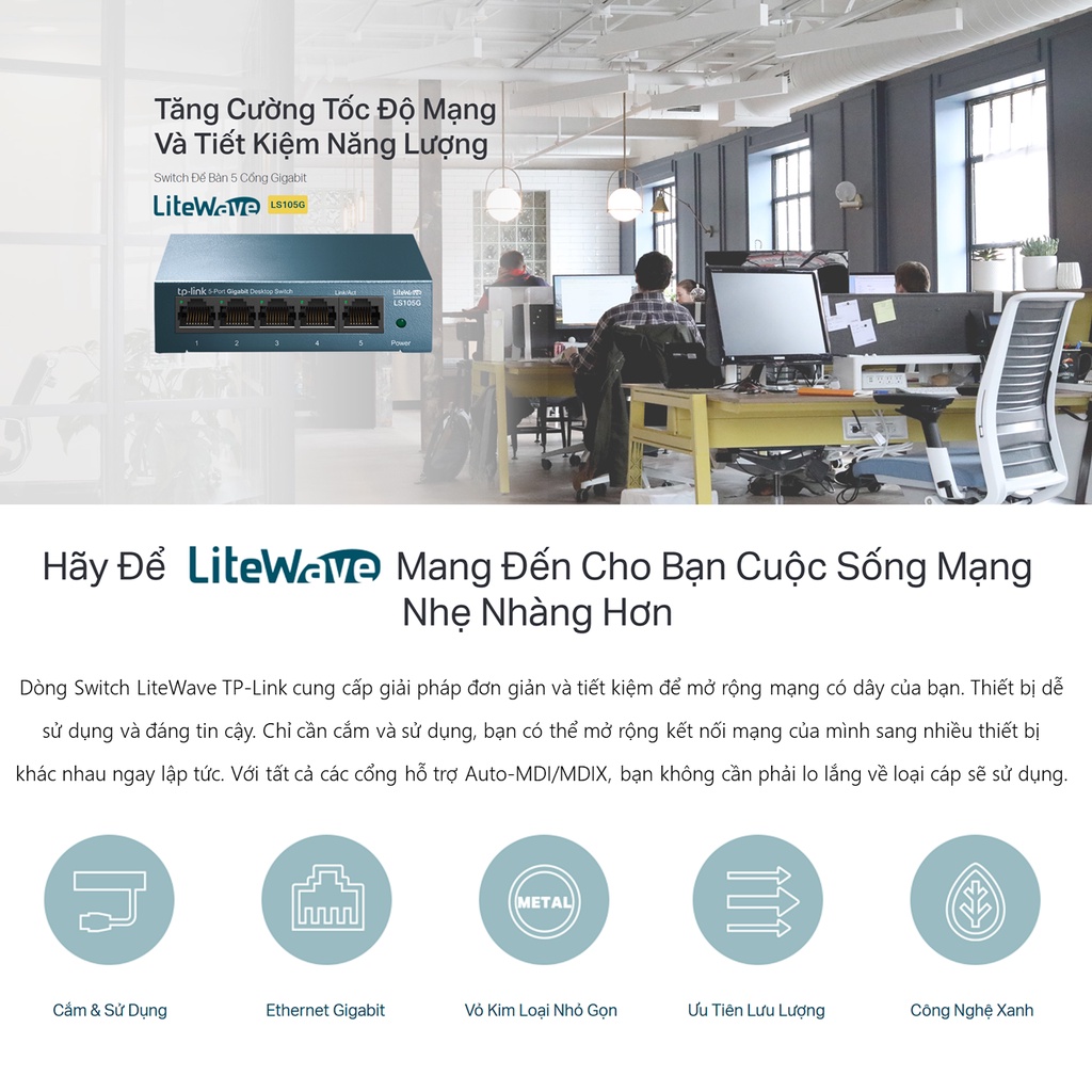 Thiết bị chia mạng Switch để bàn 5 cổng Gigabit TP-LINK LS105G