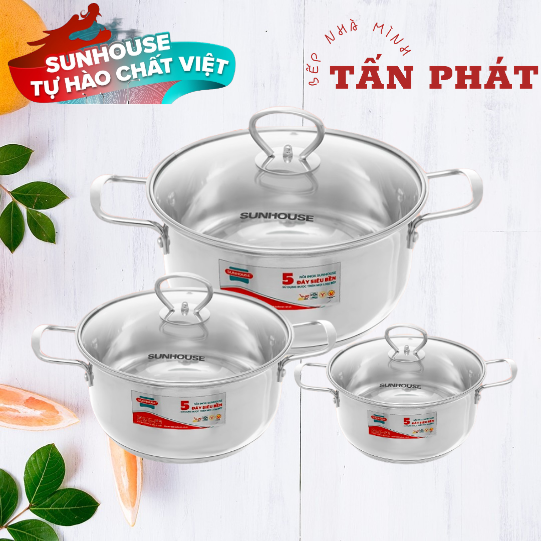 BỘ 3 NỒI INOX 5 ĐÁY SUNHOUSE SHG788 (DÙNG TRÊN MỌI LOẠI BẾP)