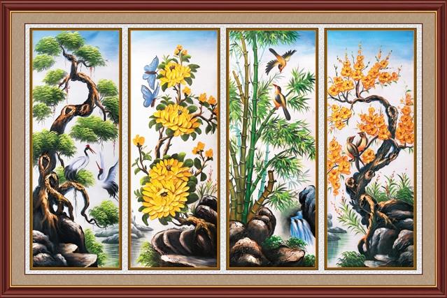 Tranh dán tường tứ quý VTC Tùng Cúc Trúc Mai UD0115 Kim sa