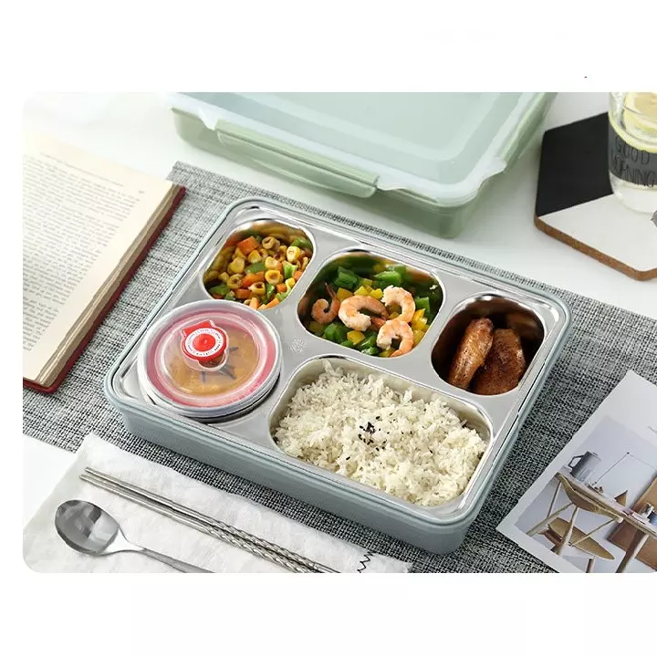 [HCM]Khay cơm phần giữ nhiệt inox 5 ngăn (kèm muỗng đũa inox)