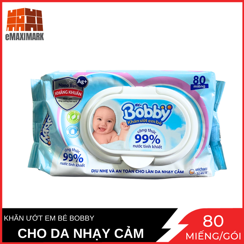 Khăn Ướt Bobby Không Mùi Nano Bạc Gói 80 Miếng