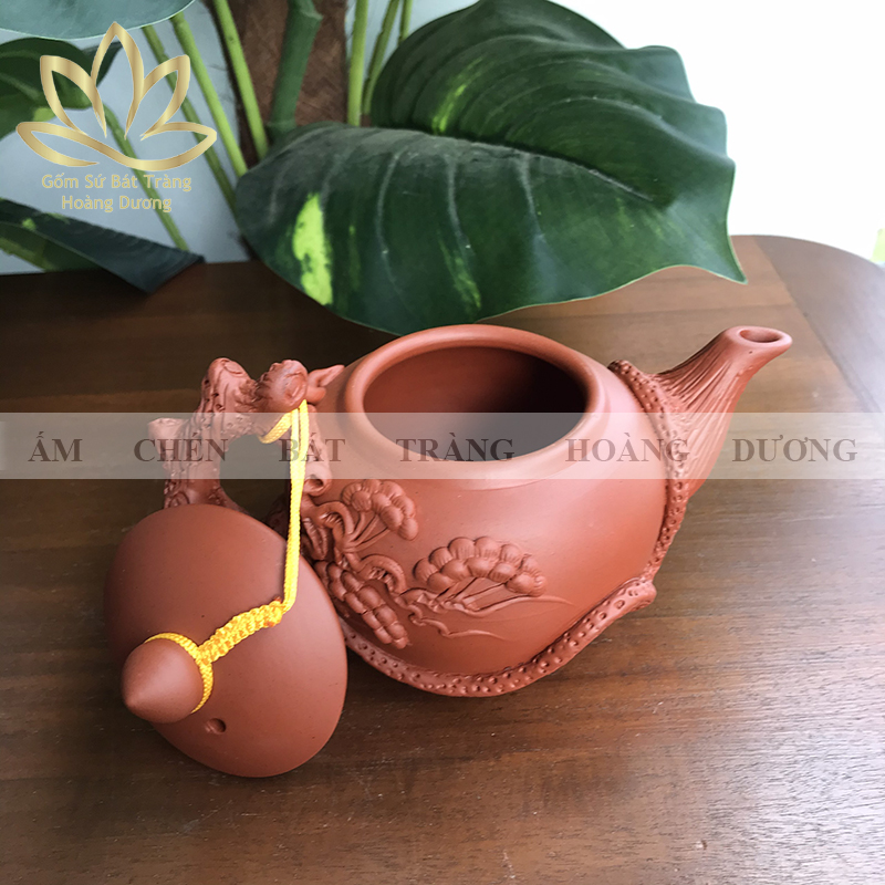 (Hàng nghệ nhân) Ấm pha trà Bát Tràng đất nung tử sa cây tùng 400ml màu đỏ