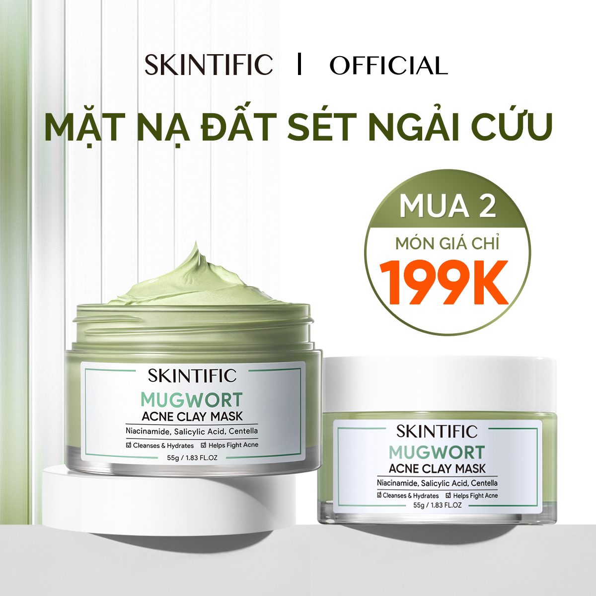 SKINTIFIC Mugwort ANTI PORES & MẶT NẠ ĐẤT SÉT Mặt Nạ bùn MỤN Mặt Nạ Cấp ẩm Mặt Nạ Ngải Cứu 55g