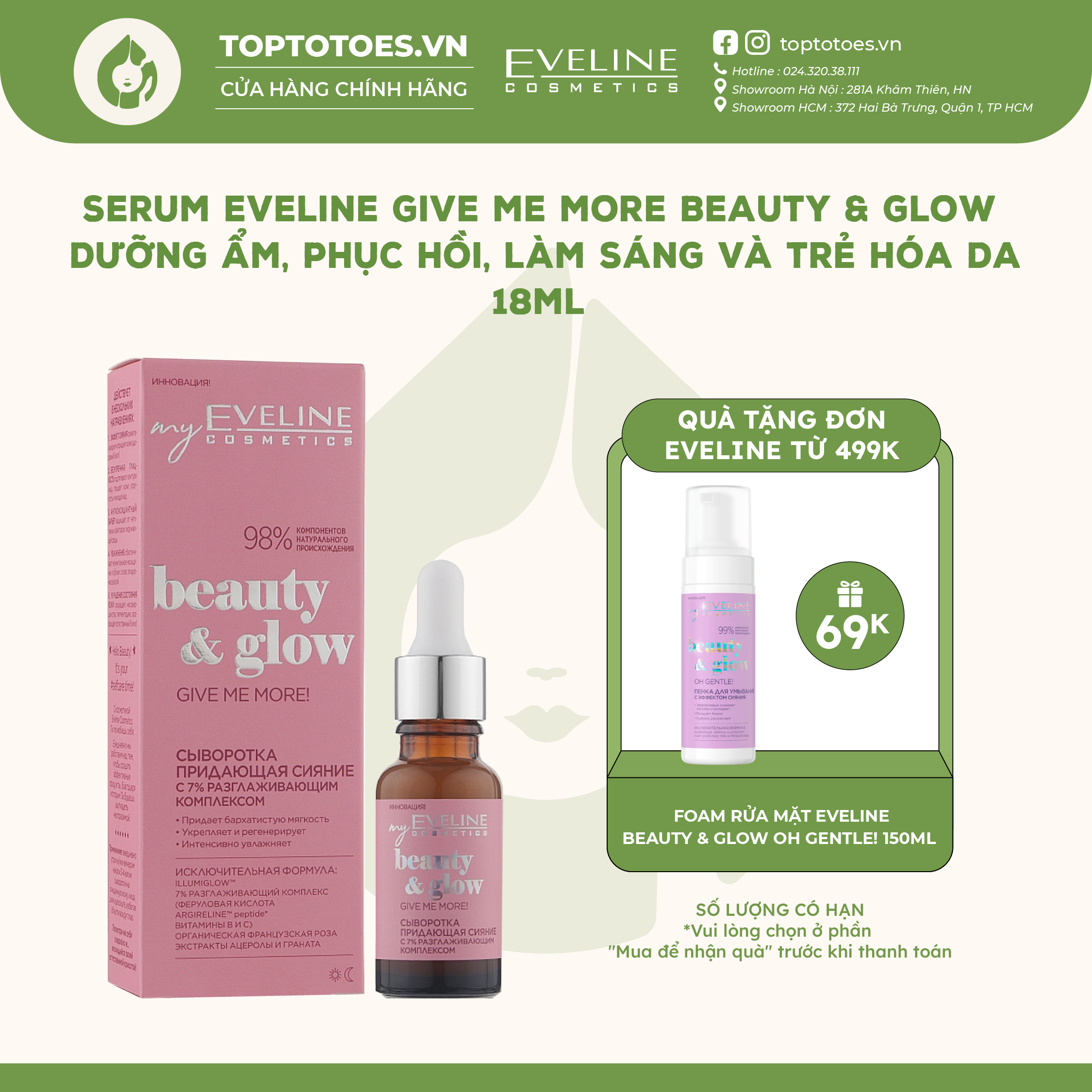 Serum Eveline Give Me More Beauty & Glow dưỡng ẩm phục hồi làm sáng và trẻ hóa da 18ml