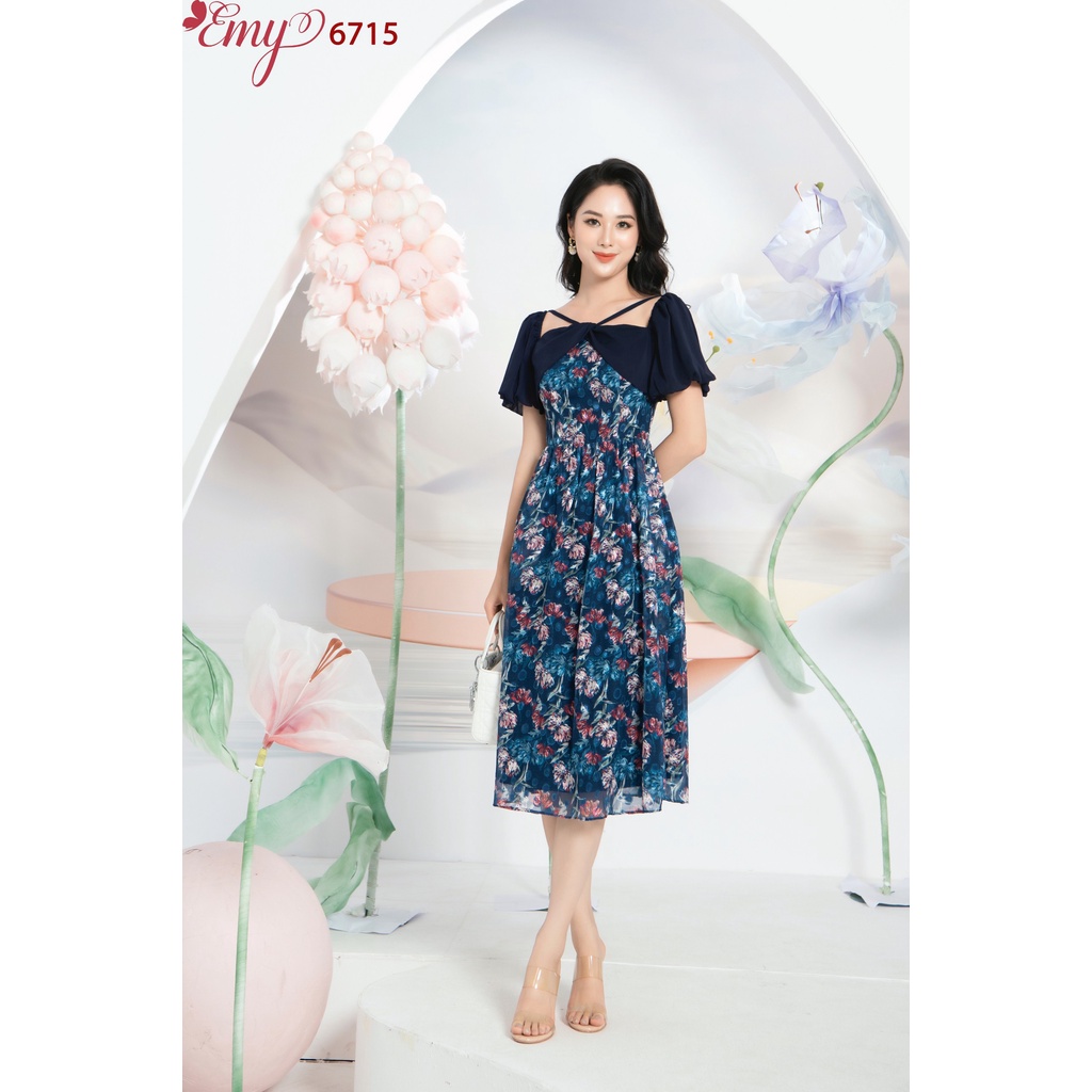 Đầm EMY EM6715 Xoè Midi Cổ Phối Dây