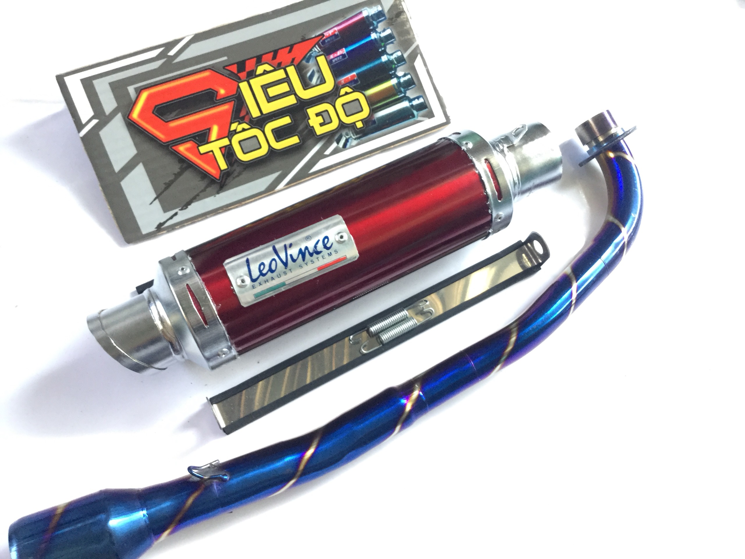 Pô leovince đỏ full pass treo lò xo bao gồm cả cổ pô titan độ cho xe wave 50 - 100, cup, dream, 67, exciter 50cc,........